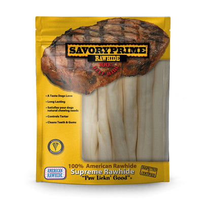 Yellow pouch of Savory Prime Supreme Rawhide Retriever Rolls with a grilled steak graphic and seven light-colored rawhide rol