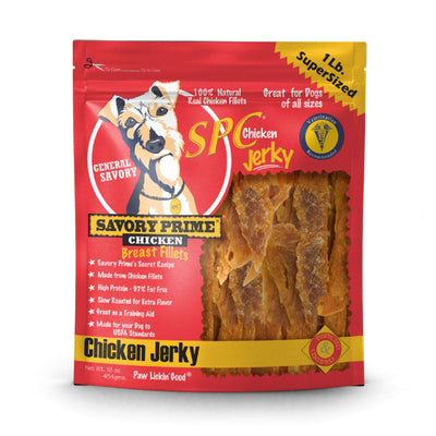 Red pouch of Savory Prime SPC Chicken Jerky dog treats with a clear window showing the golden-brown jerky strips.
