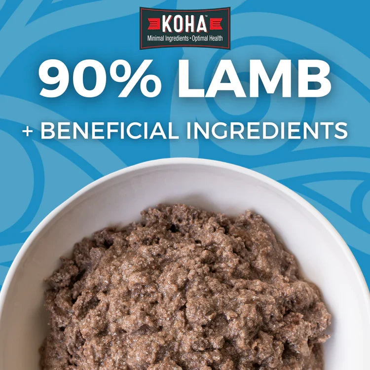 Close-up bowl of pate-textured lamb food with 90% Lamb callout