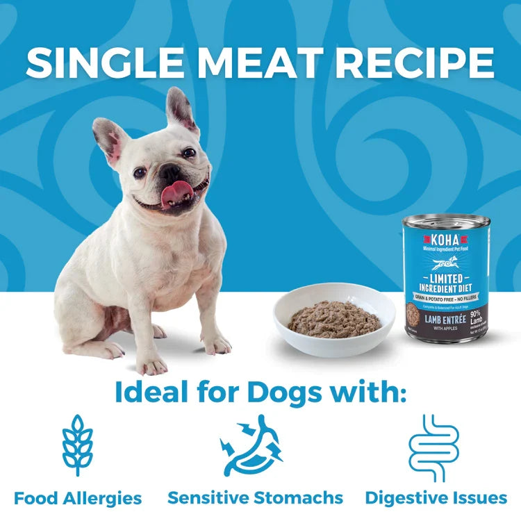 French bulldog beside a filled bowl and the lamb entree can