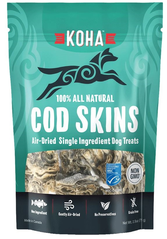 Koha Cod Skins air-dried dog treats bag showing coiled skins through the window