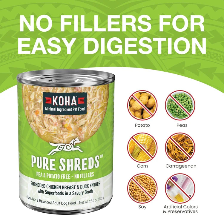 Koha Dog Grain-Free Shredded Chicken And Duck, 12.5 oz each, Case of 12