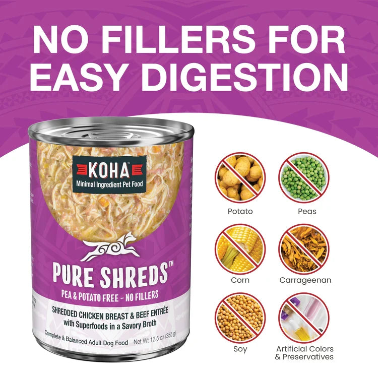 Koha Dog Grain-Free Shredded Chicken And Beef, 12.5 oz each, Case of 12