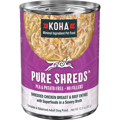 Koha Dog Grain-Free Shredded Chicken And Beef, 12.5 oz each, Case of 12