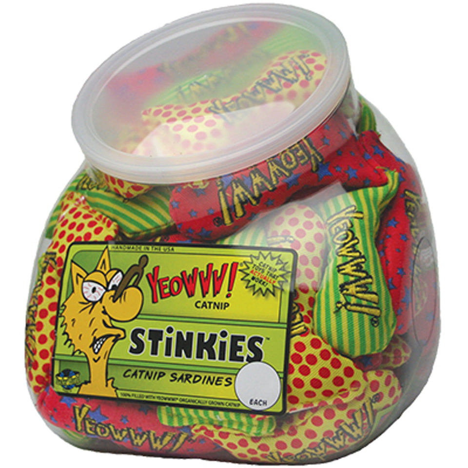 Clear plastic fishbowl-shaped container filled with colorful catnip sardines, featuring a "Yeowww! Stinkies" label.