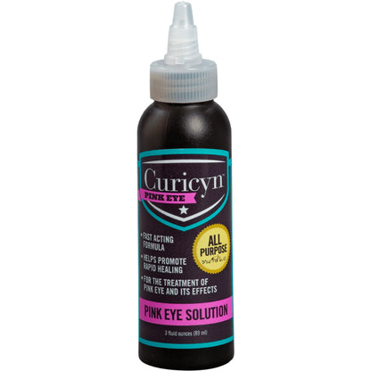 Curicyn Pink Eye Solution bottle for treatment of pink eye in pets with fast acting formula and all-purpose use.
