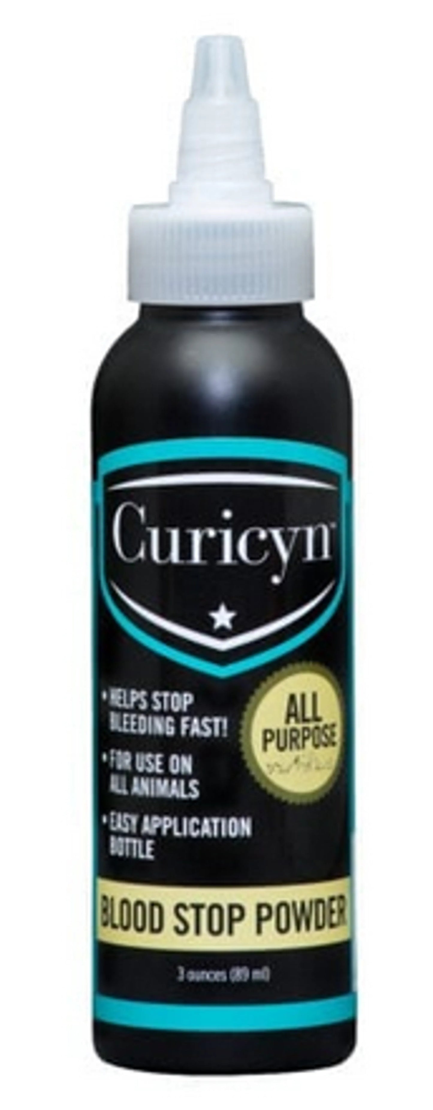 Curicyn Blood Stop Powder bottle for fast bleeding control, suitable for all animals, with easy application.