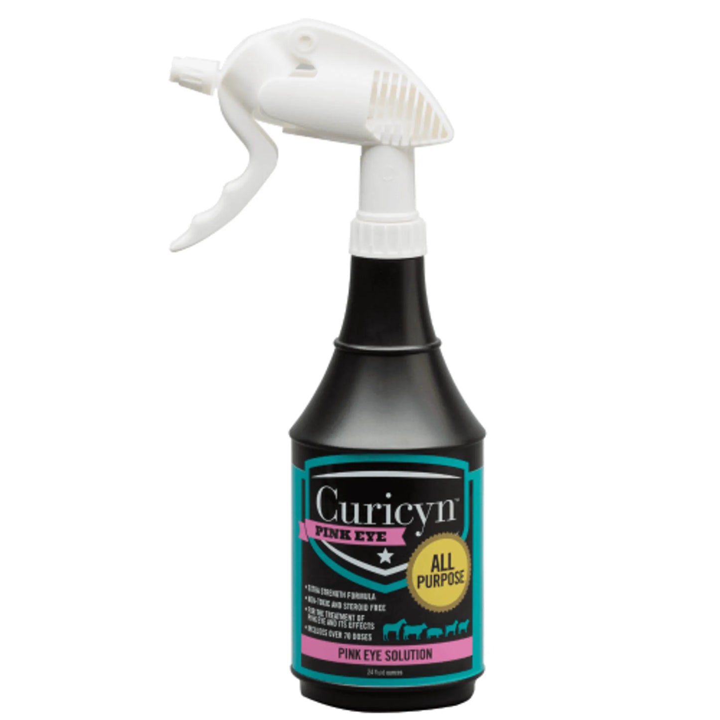 Curicyn Pink Eye Solution spray bottle for pet eye care, all-purpose formula for dogs, cats, horses, and livestock.