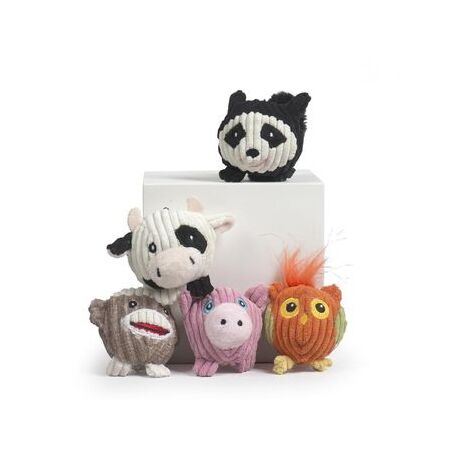 Five small plush toy animals including a panda, cow, monkey, pig and owl grouped together