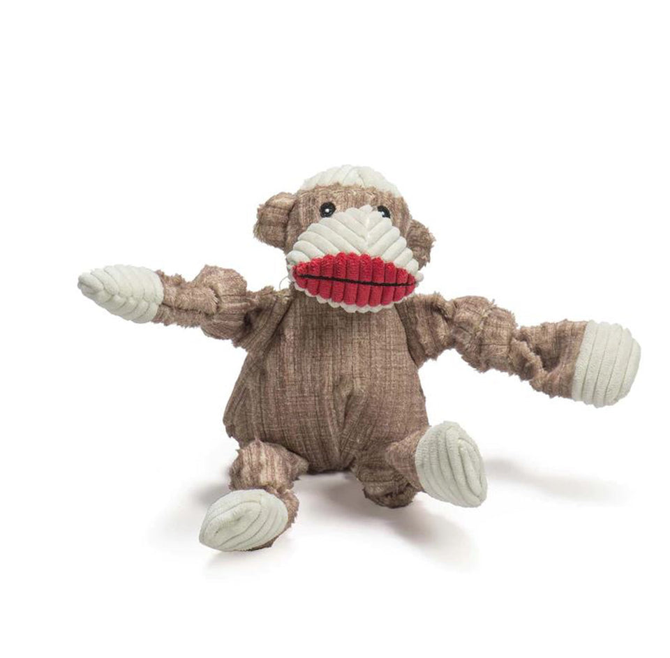 Sock monkey knottie plush dog toy with arms stretched out to the sides