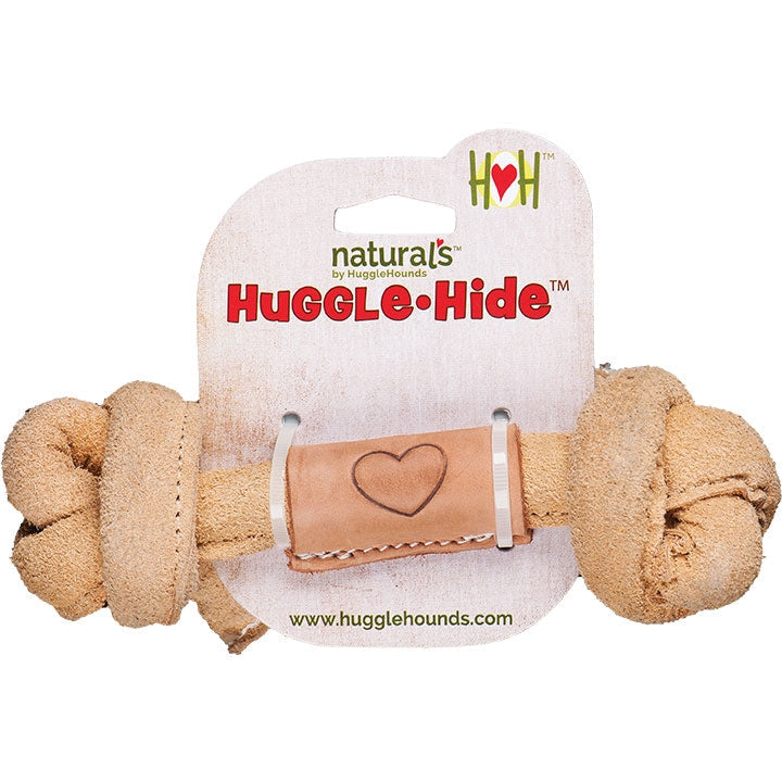 Leather knot bone chew toy shown on its Huggle-Hide packaging card