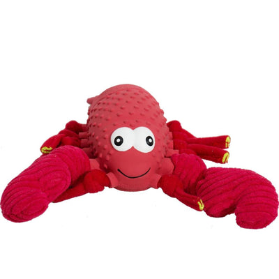 Red bumpy toy with a spiked round body, big cartoon eyes and knotted corded legs