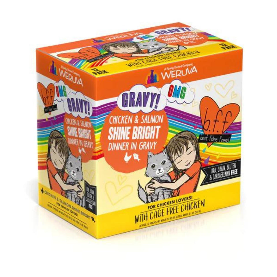 BFF Cat OMG Chicken and Salmon Shine Bright Chicken and Salmon Dinner in Gravy 2.8 oz. Pouch 12 ct