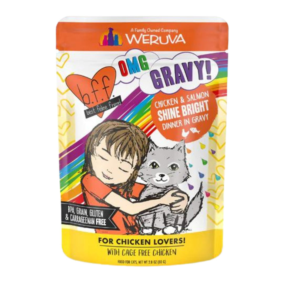 BFF Cat OMG Chicken and Salmon Shine Bright Chicken and Salmon Dinner in Gravy 2.8 oz. Pouch 12 ct