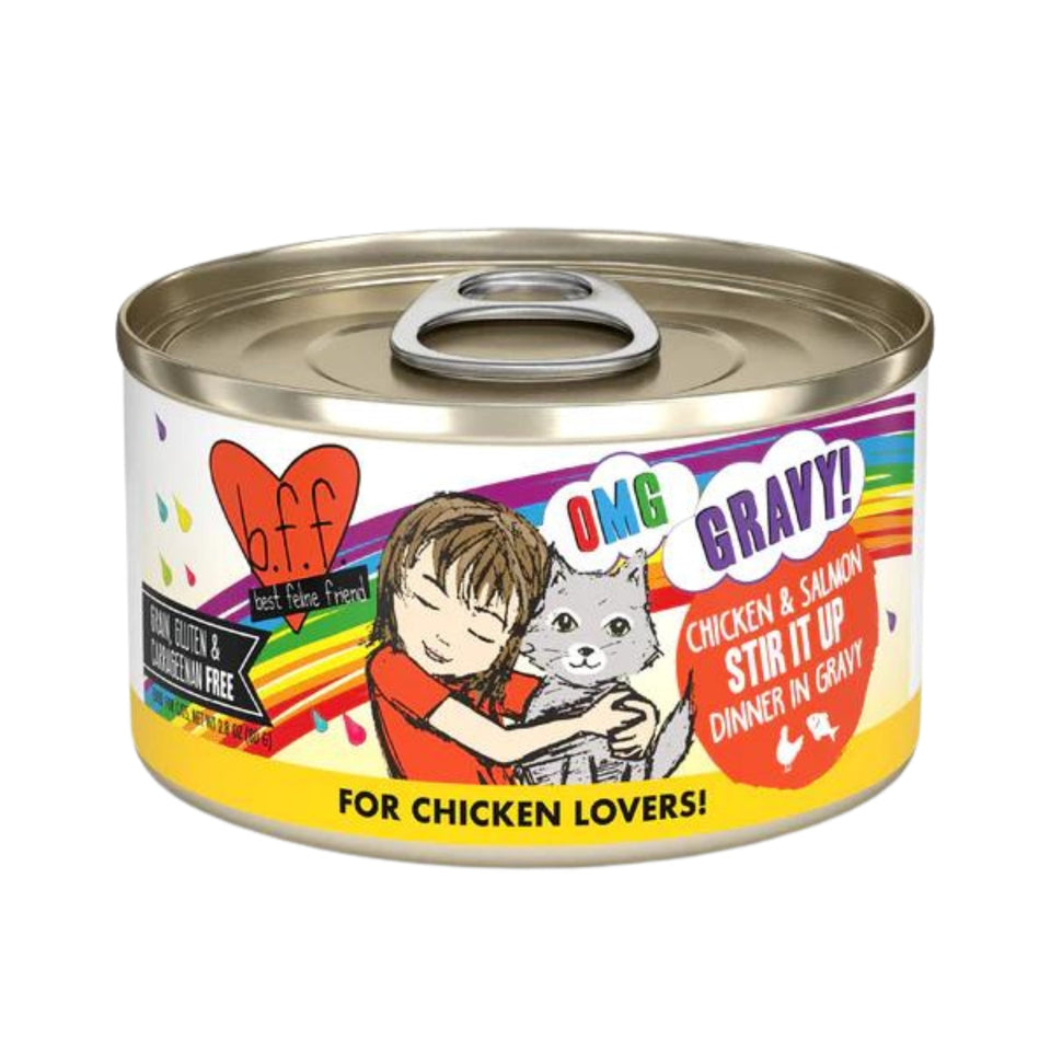 BFF Cat Omg Chicken and Salmon Stir It Up Dinner in Gravy 2.8 oz. 12 ct