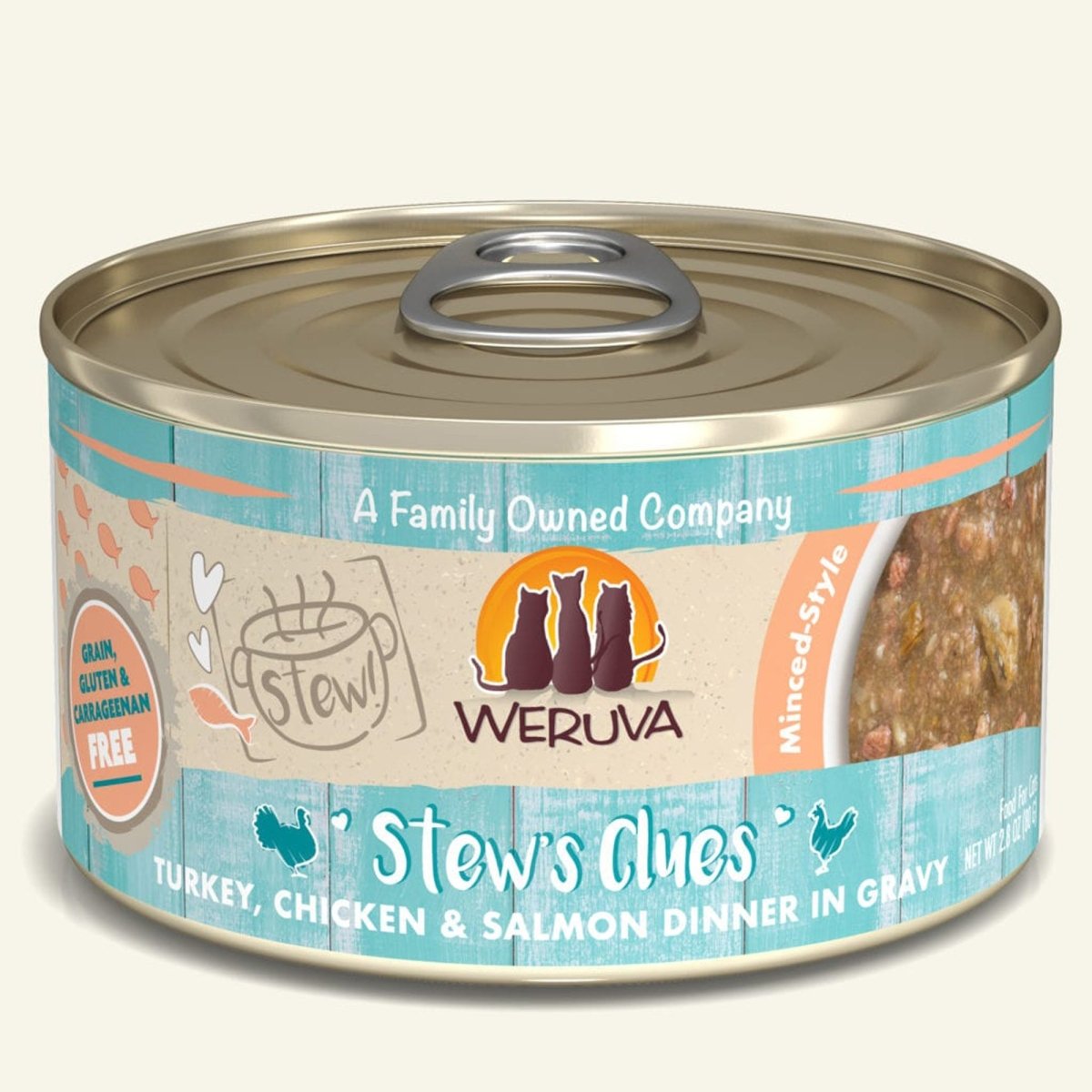 Weruva Cat Stews Clues Turkey; Chicken and Salmon Dinner in Gravy 2.8oz. (Case of 12) - Pets Perfect