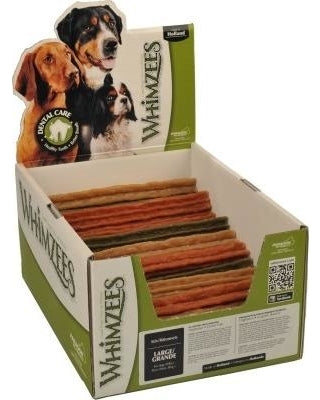 Whimzees Large Dental Stix in a retail display box, showing various colors of the stick-shaped treats.