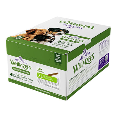 Bulk box of Whimzees Stix XL dental treats for dogs, showing three dogs on the top panel and green packaging.