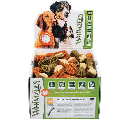 Bulk box of Whimzees dog dental treats in various shapes and colors, with three dogs on the display header.