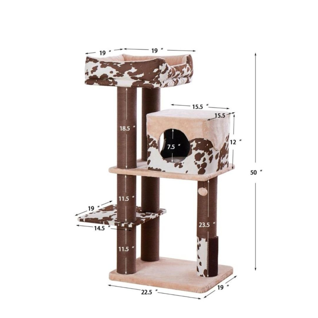 PetPals Cowboy Cat Tree Brown Cow Print 50 in, XL - Pets Perfect