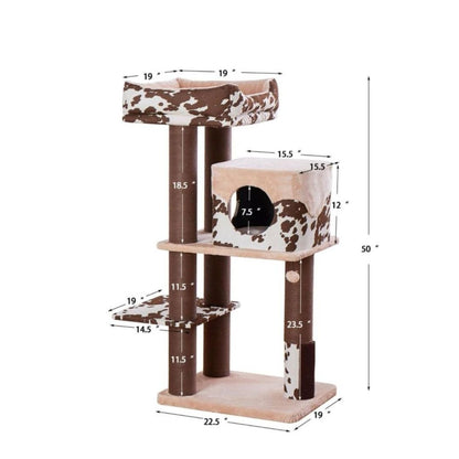 PetPals Cowboy Cat Tree Brown Cow Print 50 in, XL - Pets Perfect