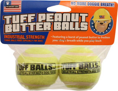 Two yellow tennis balls in clear packaging with an orange and blue label featuring a bulldog in a hard hat.
