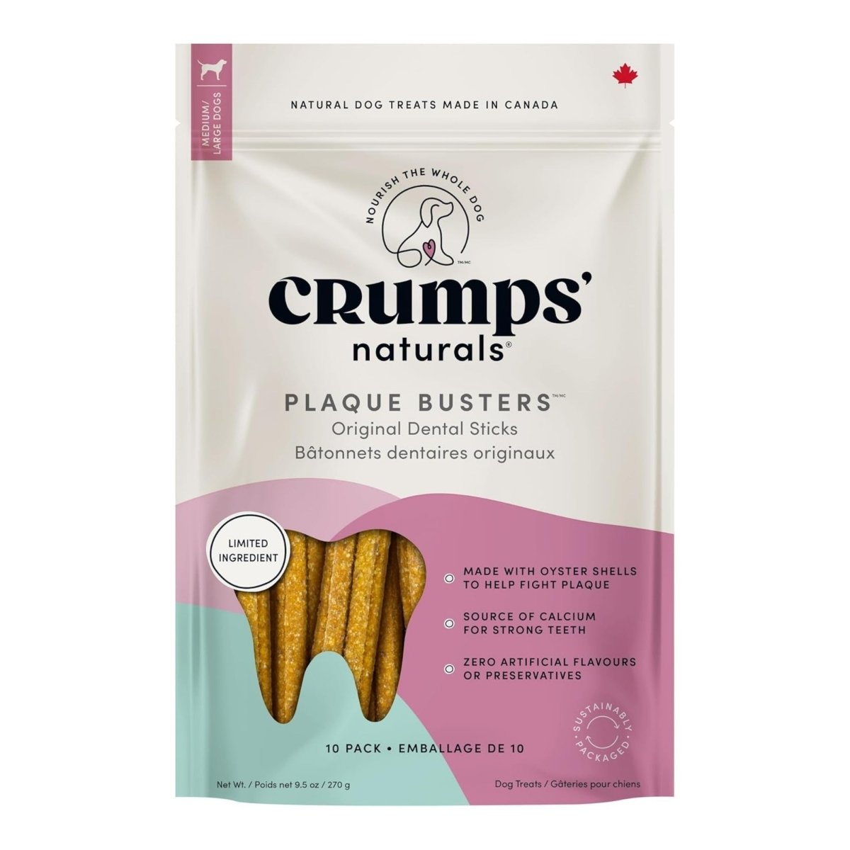 Crumps Naturals Original Plaque Buster Dental Dog Treats 10 - Pack - Pets Perfect