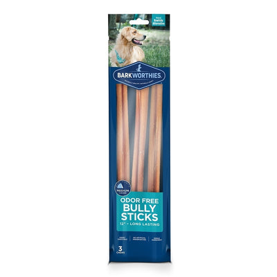 Tall bag holding three 12 inch odor-free bully sticks, retriever on front