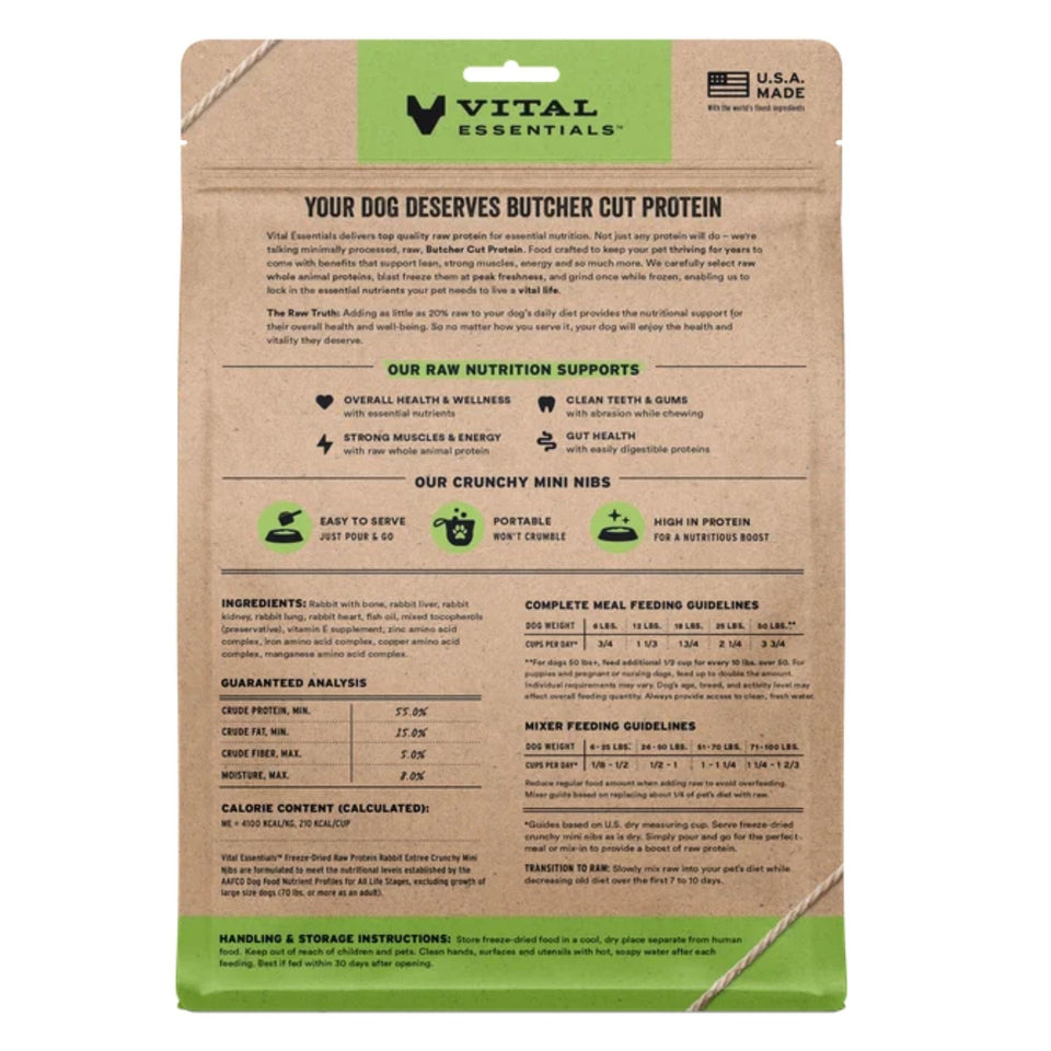 Vital Essentials Dog Freeze Dried Raw Grain Free Rabbit Entree Mini Nibs 14oz.