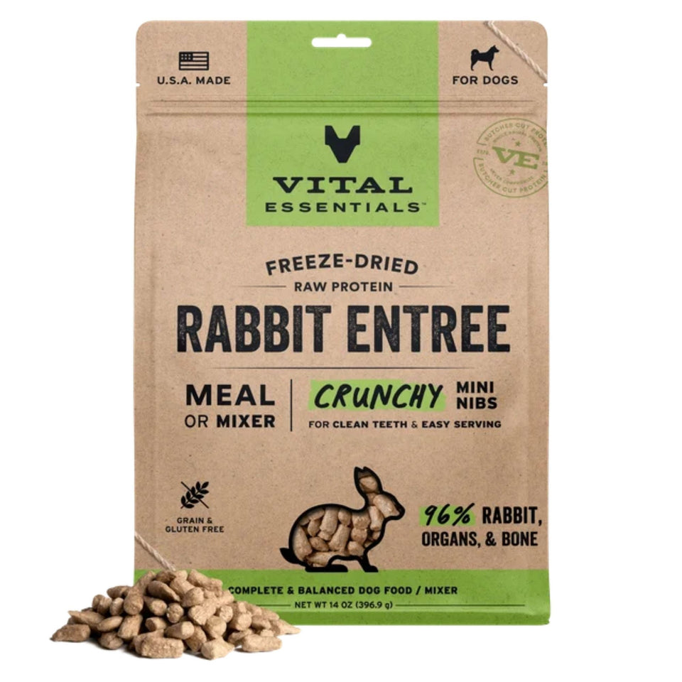 Vital Essentials Dog Freeze Dried Raw Grain Free Rabbit Entree Mini Nibs 14oz.