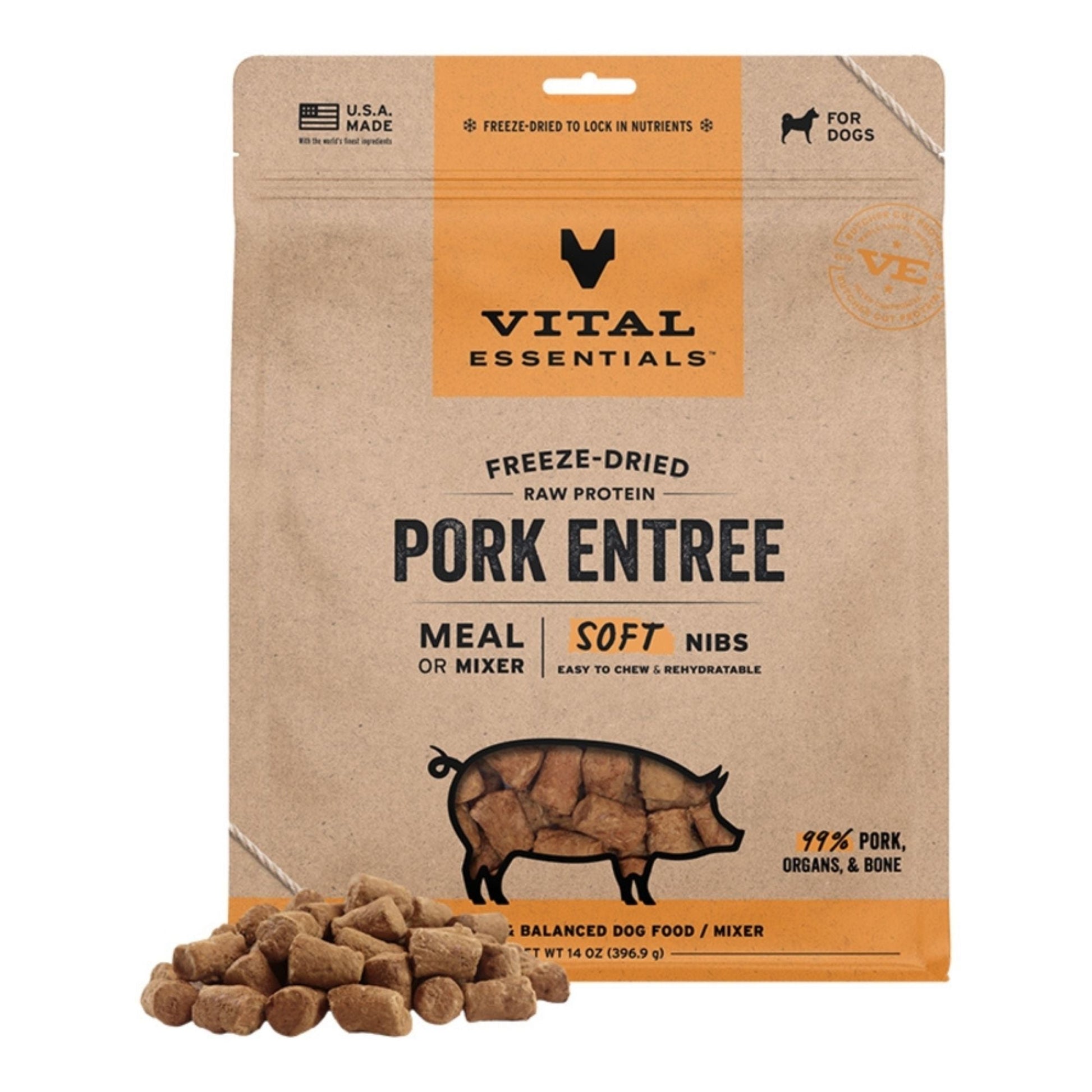 Vital Essentials Dog FD Raw GF Pork Entree & Mixer Soft Nibs 14 oz