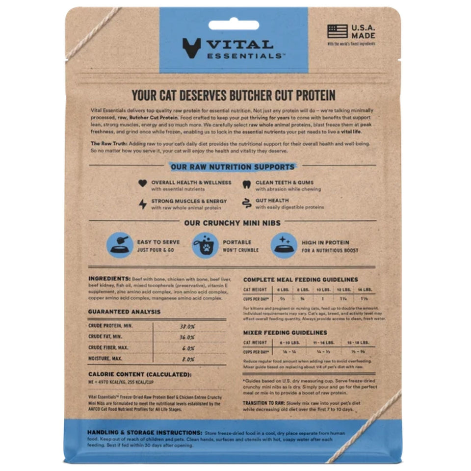 Front of a brown paper bag of Vital Essentials cat food with blue and white branding, tied with twine.