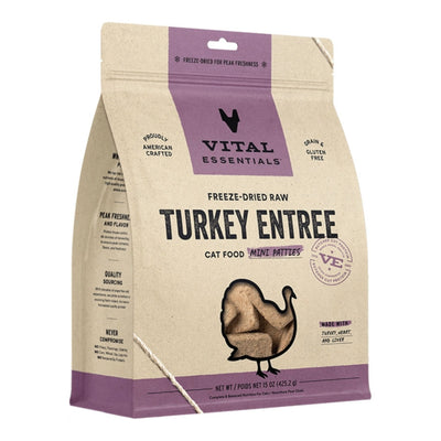 Vital Essentials 15oz bag of freeze-dried raw turkey cat food, showing the front with a turkey-shaped window revealing the mi