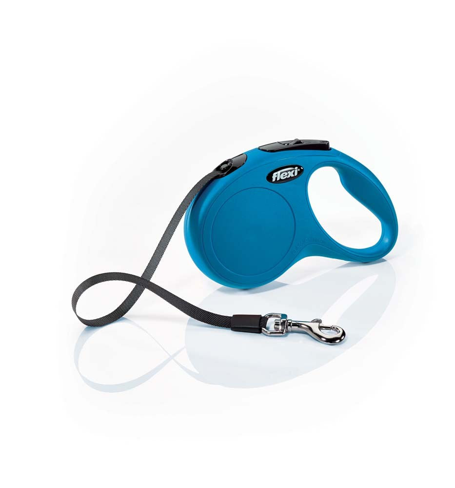 Blue retractable dog leash handle with coiled black nylon strap and clip
