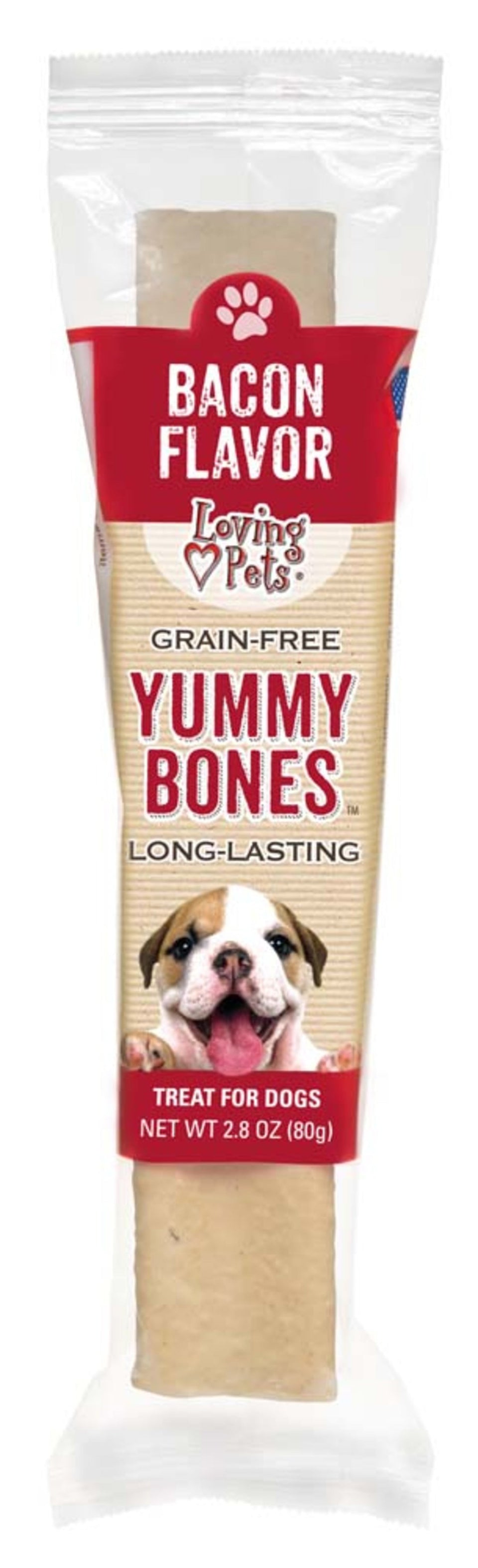 Long bone-shaped chew treat in clear wrap with bacon flavor label band
