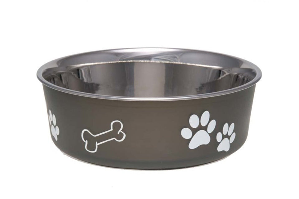 Espresso stainless dog bowl with white paw print and bone graphics