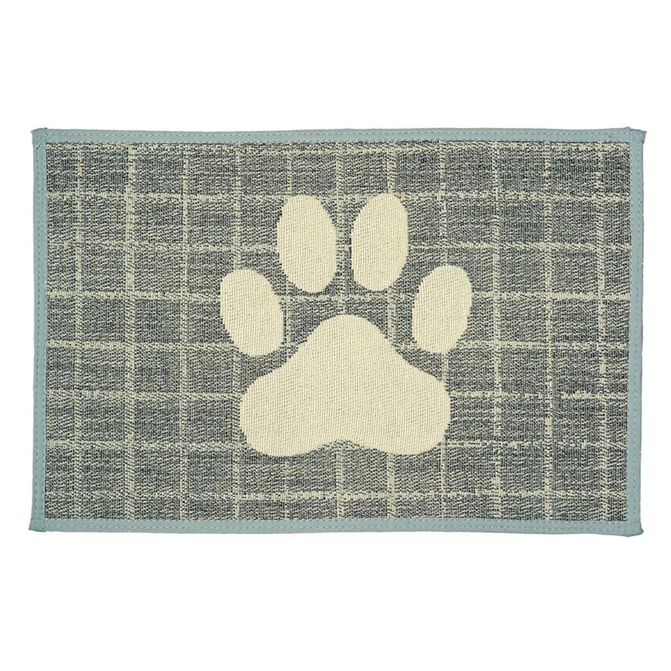 Rectangular plaid-weave mat with a light blue border and cream paw print