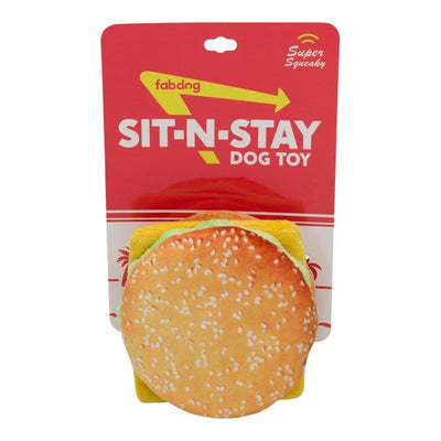 FabDog Sit N Stay Cheeseburger Plush Dog Toy - Novelty Squeaker, Small