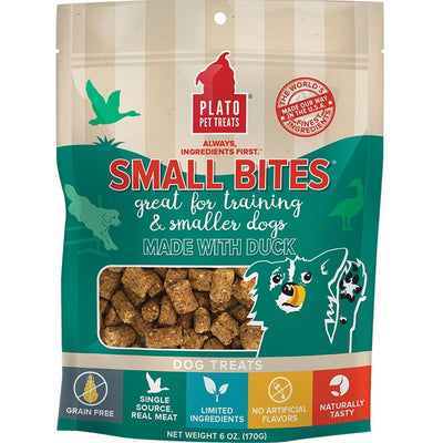Plato Pet Treats Small Bites dog treats in a green and beige bag with a clear window showing duck-flavored kibble.