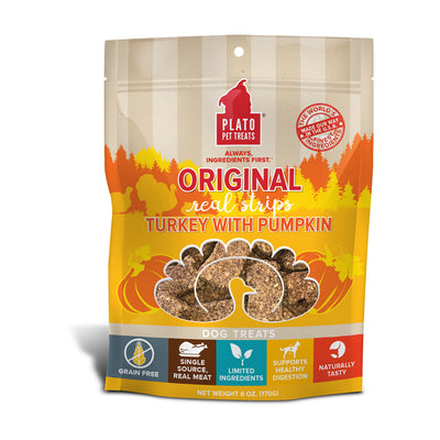 Plato Pet Treats Original Real Strips Turkey with Pumpkin dog treats in a stand-up pouch, showing product inside.
