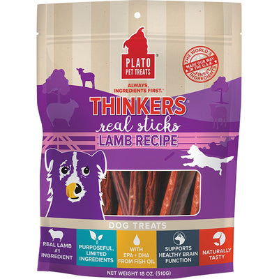 Plato Thinkers Lamb dog treats in a purple and beige bag with a dog illustration and product details.