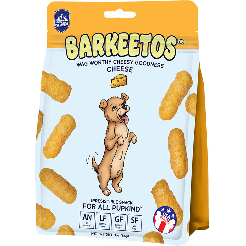 Barkeetos cheese-flavored puff bag standing upright with cartoon dog on front