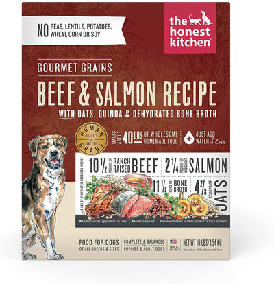 Gourmet Grains 10 lb box front with dog illustration and beef, salmon, oat ingredient breakdown