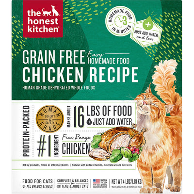 Grain-free chicken recipe box with roasted chicken photo and illustrated cat