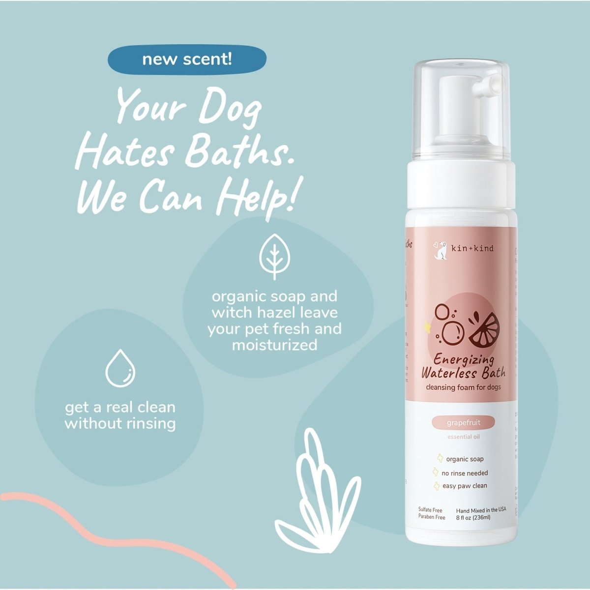 Kin+Kid Energizing Natural Waterless Bath Grapefruit Dog 8oz. - Pets Perfect