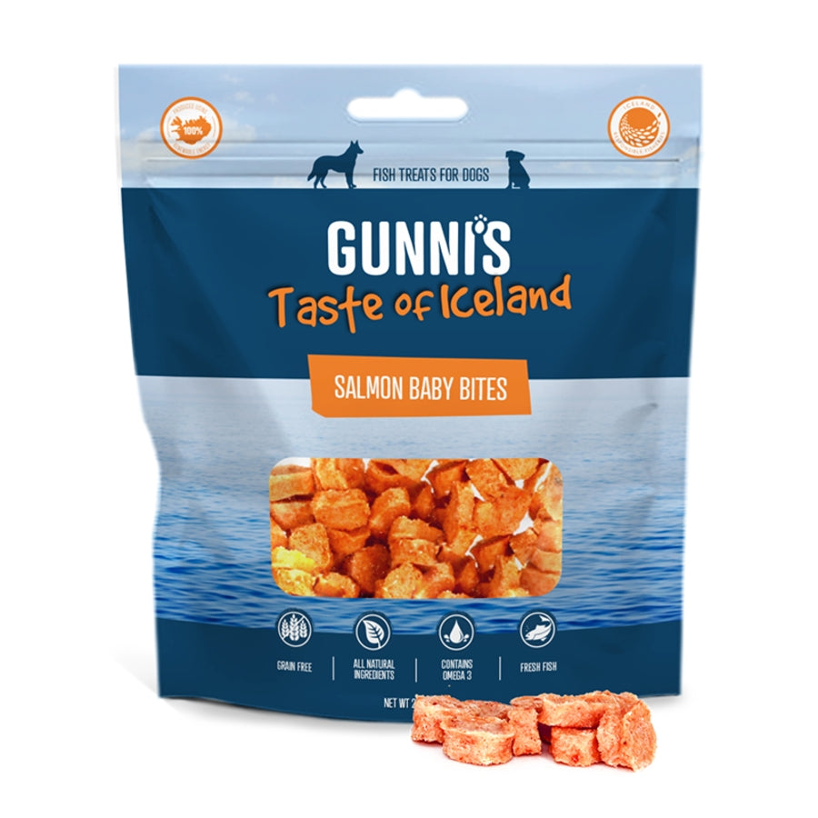 Gunnis Salmon Baby Bites pouch with orange-hued bite pieces visible in the window