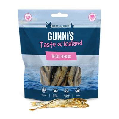 Resealable pouch of Gunnis Whole Herring cat treats with a dried herring in front