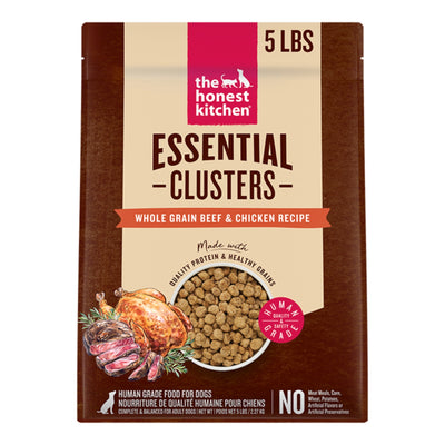Brown dog food bag with The Honest Kitchen Essential Clusters in bold, showing beef, chicken, and kibble.