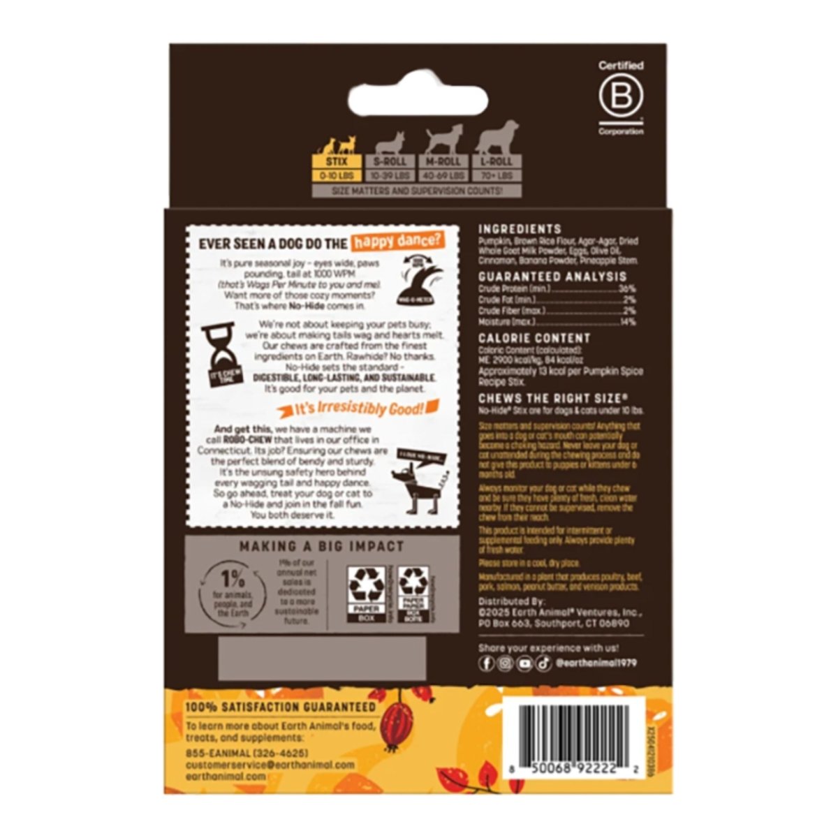Earth Animal Dog No - Hide Seasonal Collection Pumpkin Spice Stix - 20 Pack - Pets Perfect