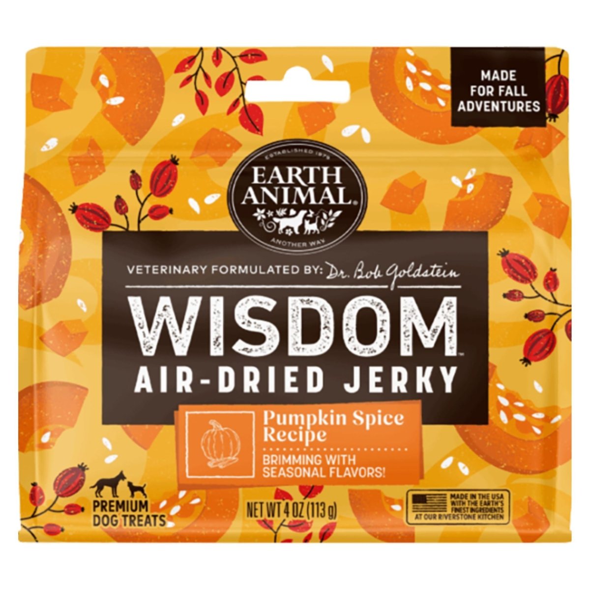 Earth Animal Dog Wisdom Air - Dried Jerky Pumpkin Spice Recipe 4oz. - Pets Perfect